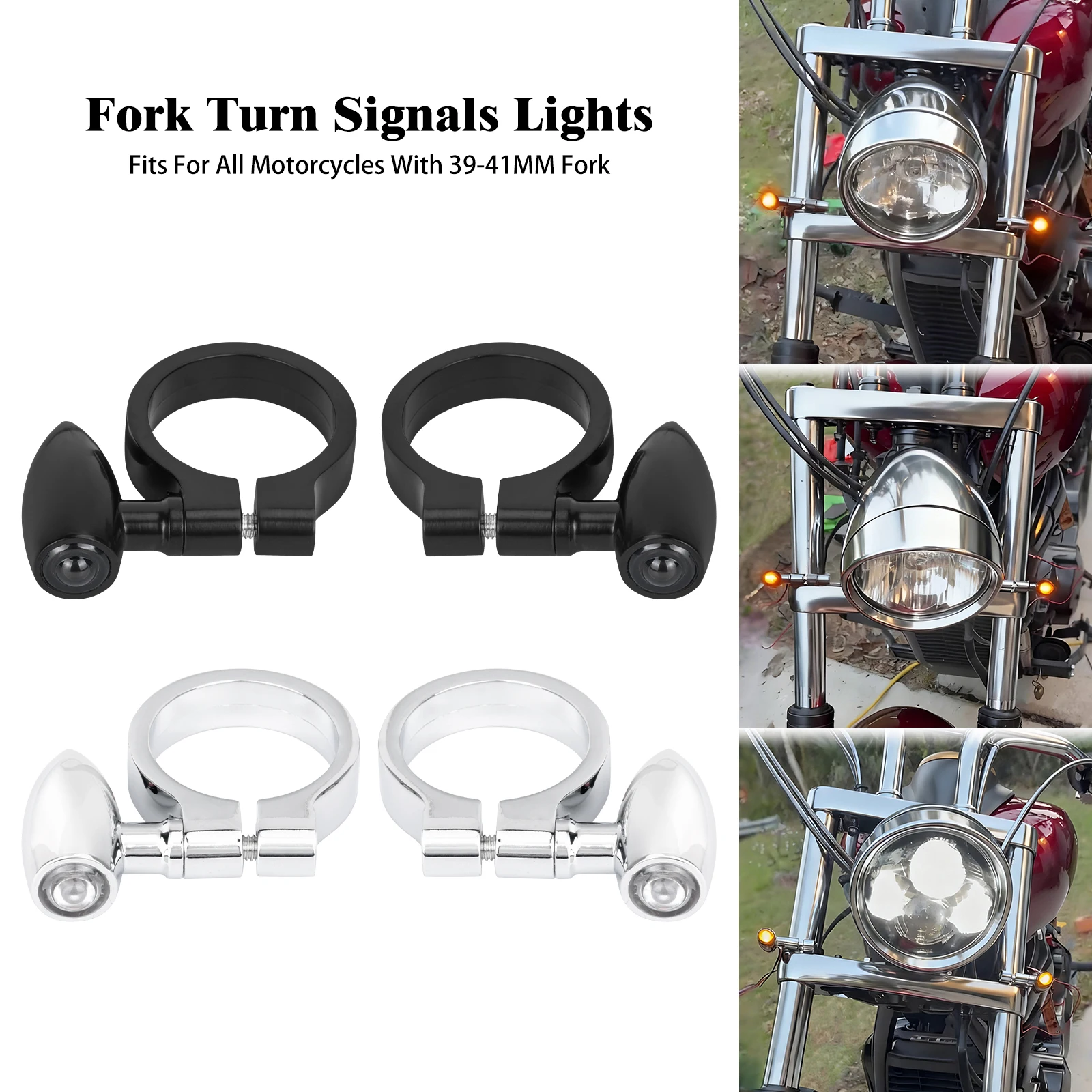 

Universal 39-41mm Front Fork Tube LED Turn Signal Lights Amber Blinker with Mounting Brackets For Harley Motorcycles Indicator