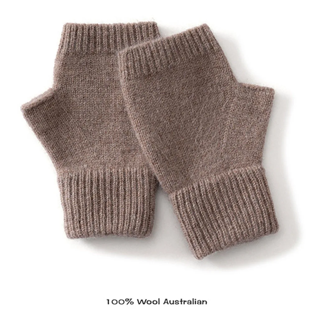 Перчатки из 100% шерсти, вязаные женские зимние термомягкие варежки, 15 см, вязаные перчатки без пальцев, однотонные черные варежки с полупальцами