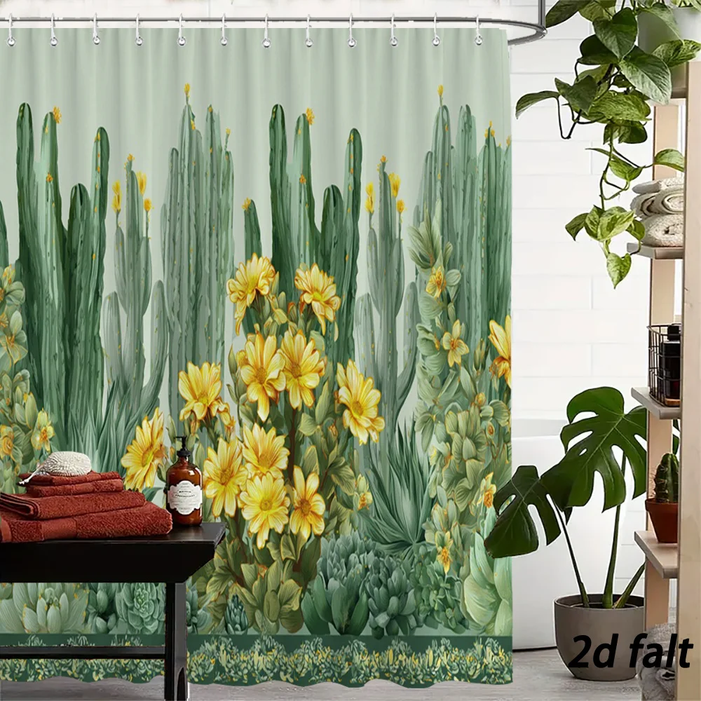 Cactus & Yellow Flowers Shower Curtain – Columnar Cacti, Echeveria, Daisy Blooms on Light Green, 12 Hooks, 70.87×70.87 inch