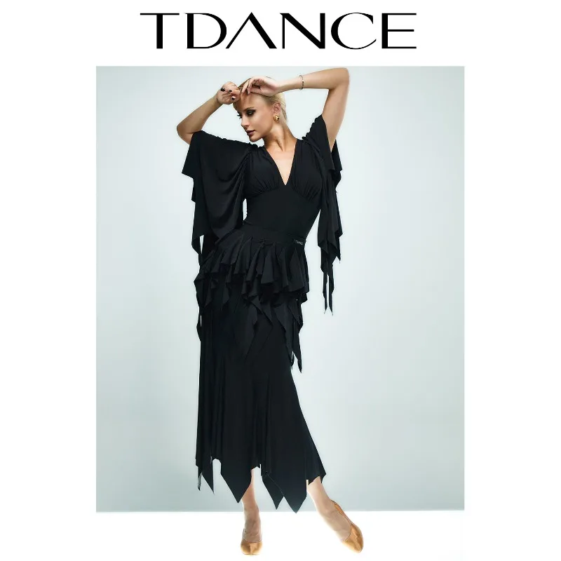 Abito da pratica moderno TDANCE personalizzato [mono con maniche volanti con scollo a V] Giunzione con cuscino sul petto per la classe femminile JM-155