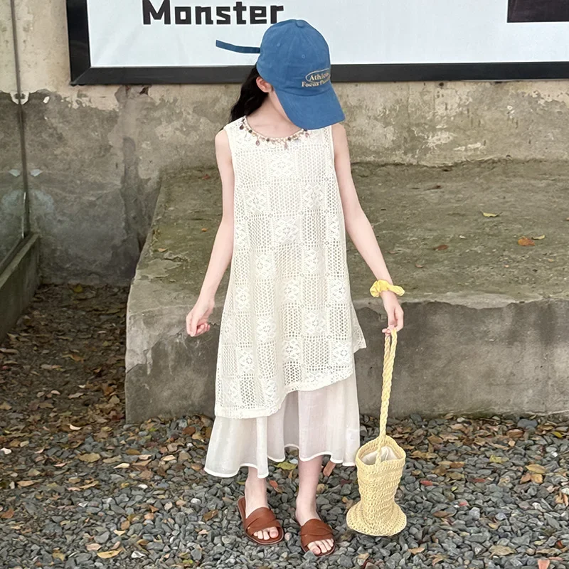 

2025 Girls' Summer New Design Fashionable Knitted Hollow Splicing Mesh Sleeveless Dress