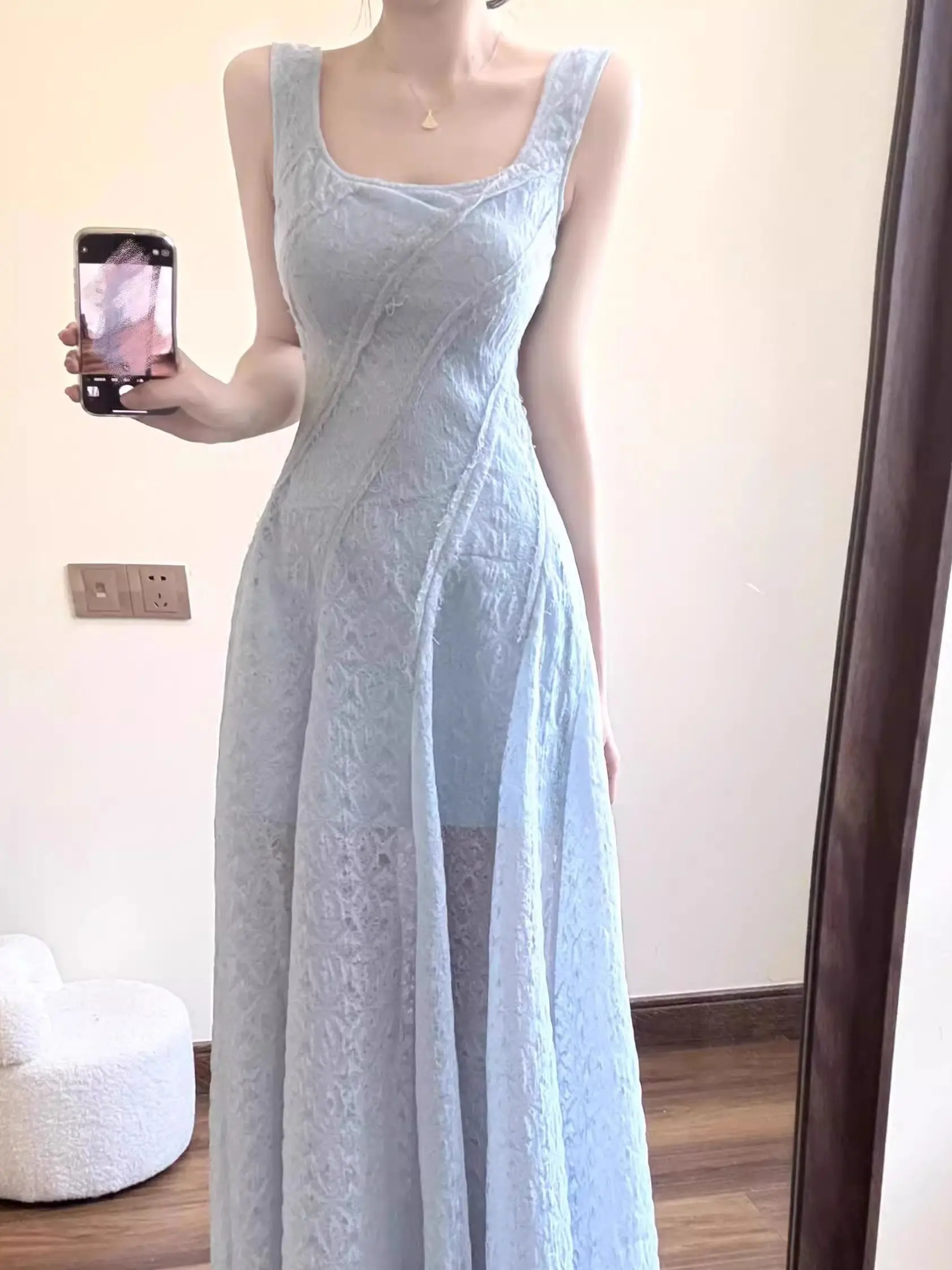 Unikatowy Niebieski Koronkowy Strój Kąpielowy Damski Letni Elegancki Wytworny Plażowy Wygodny Długi Strój Kąpielowy