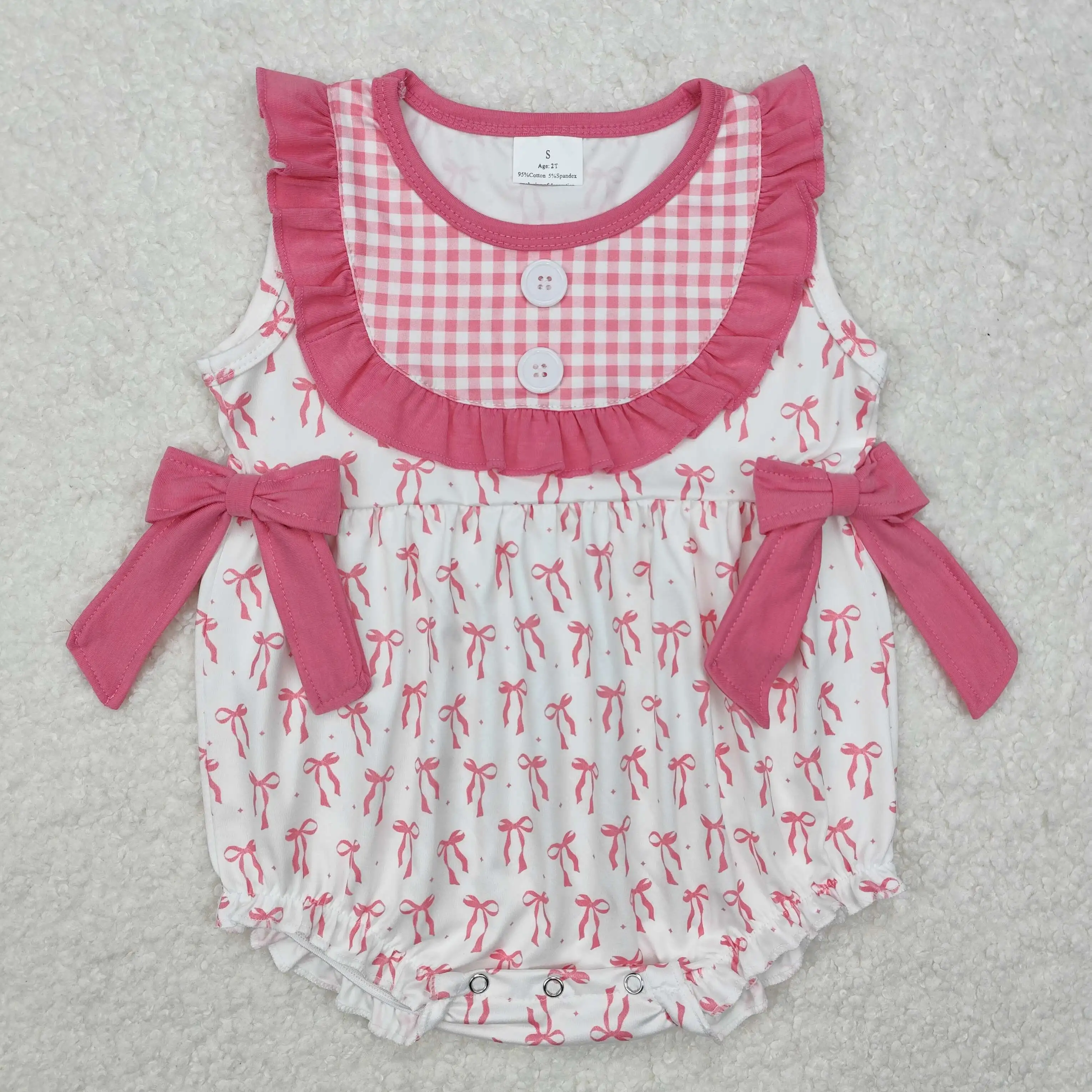 

New rts baby girls summer rompers wholesale boutique bow pattern pink lace plaid vest girls onesie