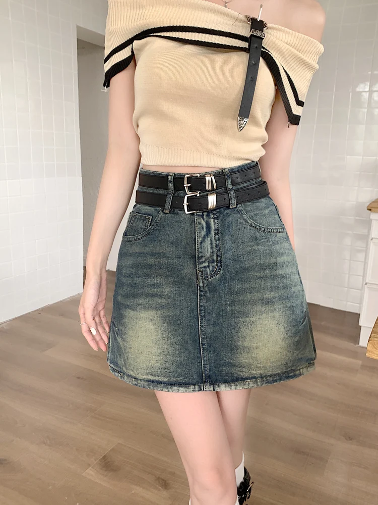 Jupe trapèze taille haute avec fente pour femmes, jupes en Denim moulantes, style coréen, bouton de trajet, fermeture éclair