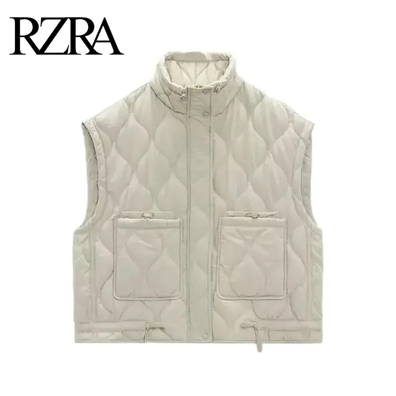 RZRA Original 2024 Autumn and Winter New Women's Stand Collar Sleeveless Pocket Decorated Straight Loose Quilted Cotton Jacket