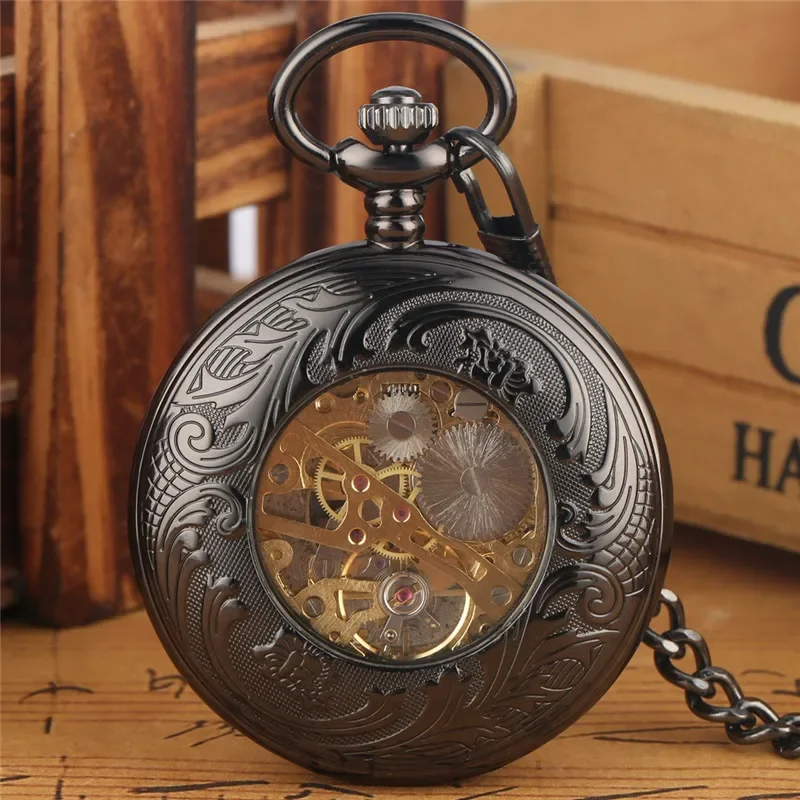 Steampunk Full Black Unisex Handwind Mechanical Pocket Watch Arabic Number Dial Manual Skeleton Clock Pendant Chain Collectable