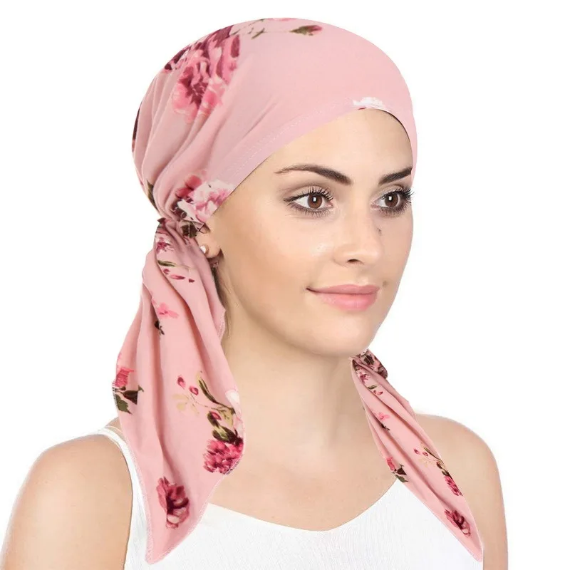 2022 New Muslim Women Soft Turban Hat Pre-Tied Head Scarf Printed Ladiess Cotton Chemo Cap Inner Hijabs Hair Accessories