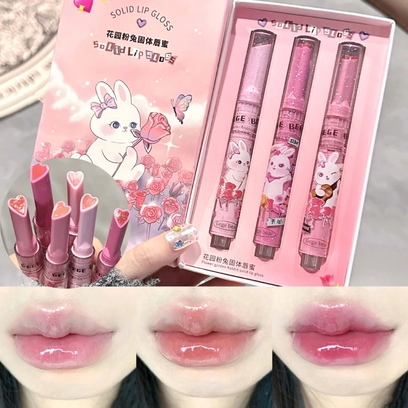 Pink Rabbit Solid Lip Gloss Mirror Water Light Moisturizing Lip Balm Tender Lipstick Set Lighten Lip Lines Makeup Cosmetic 3Pcs