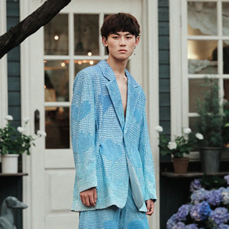 WVGA Spring Summer New Men Handmade Crochet Gradient Trendy Turn-Down Collar Blazer Niche Chic Casual Long Sleeve Jacket W19772