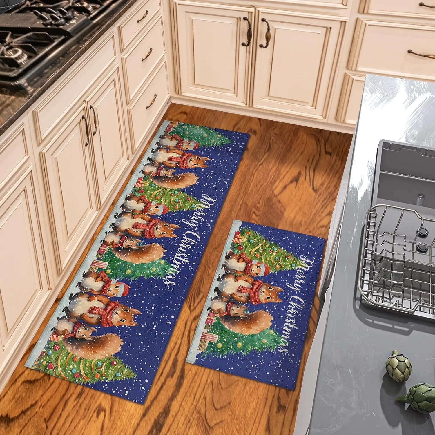Christmas Snowflake Squirrel Tree Kitchen Mat Decor Winter Non-Slip Corridor Balcony Rugs Bedroom Bedside Floor Mat Xmas Decor