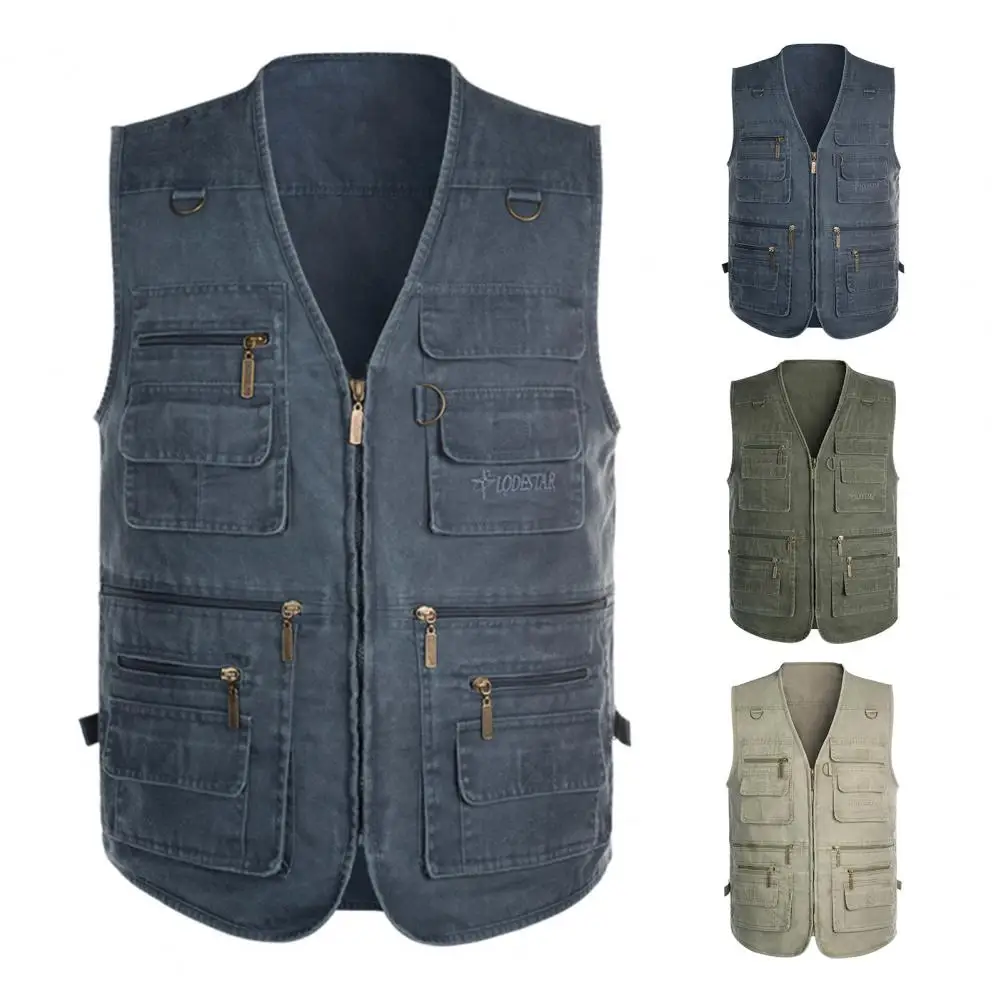 Male Casual Summer Big Size Men Waistcoat Solid V Neck Sleeveless Multi Pockets Photograph Waistcoat Outdoor Vest Fishing Coat