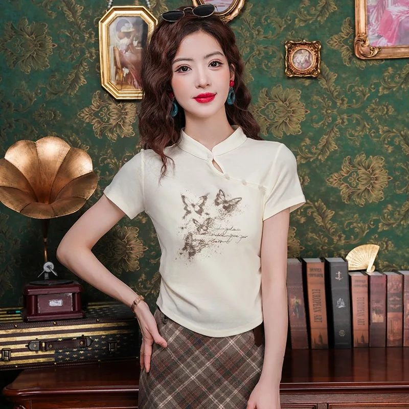 Sommerliches T-Shirt für Damen, Modisches Slim-Fit-Oberteil im Chinesischen Stil, Trendiges Damen-Oberteil mit Stehkragen und Textmuster