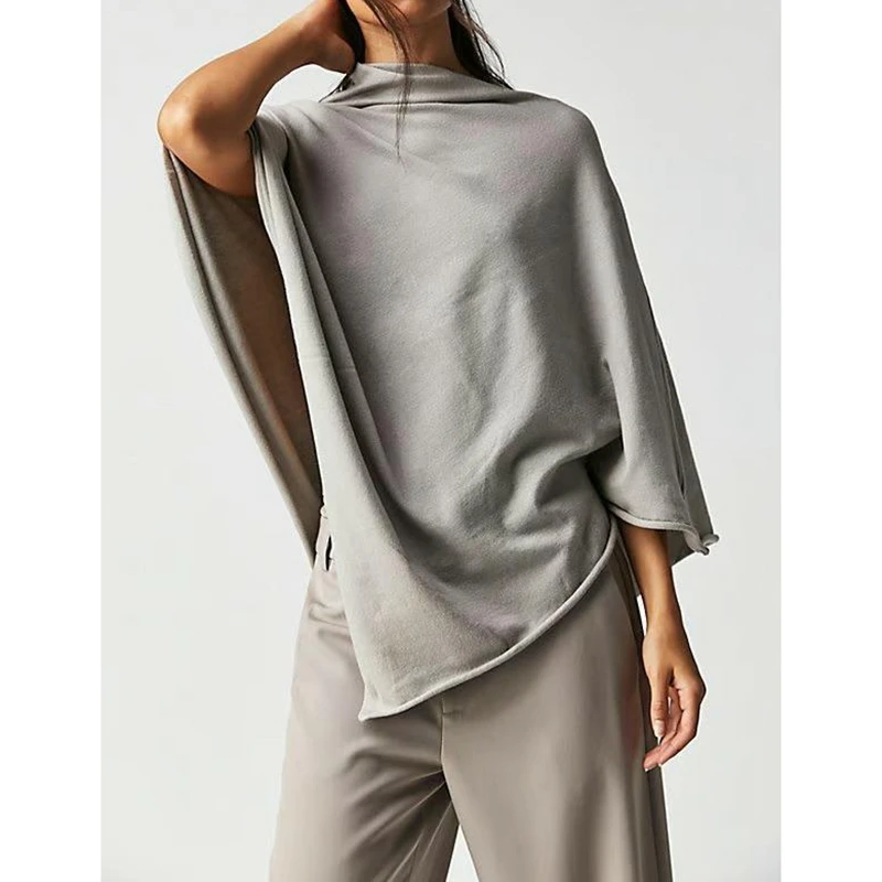 Combhasaki المرأة فضفاضة تناسب غير المتكافئة مثلث هيم المعطف كيب متماسكة سترة Y2k الخروج الصلبة Capelets فلوي شال غطاء #6