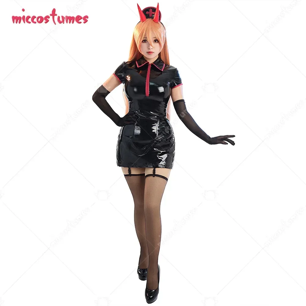 Miccostumes Women's Power Cosplay Costume Sexy Black Nurse Outfit with Hat Gloves