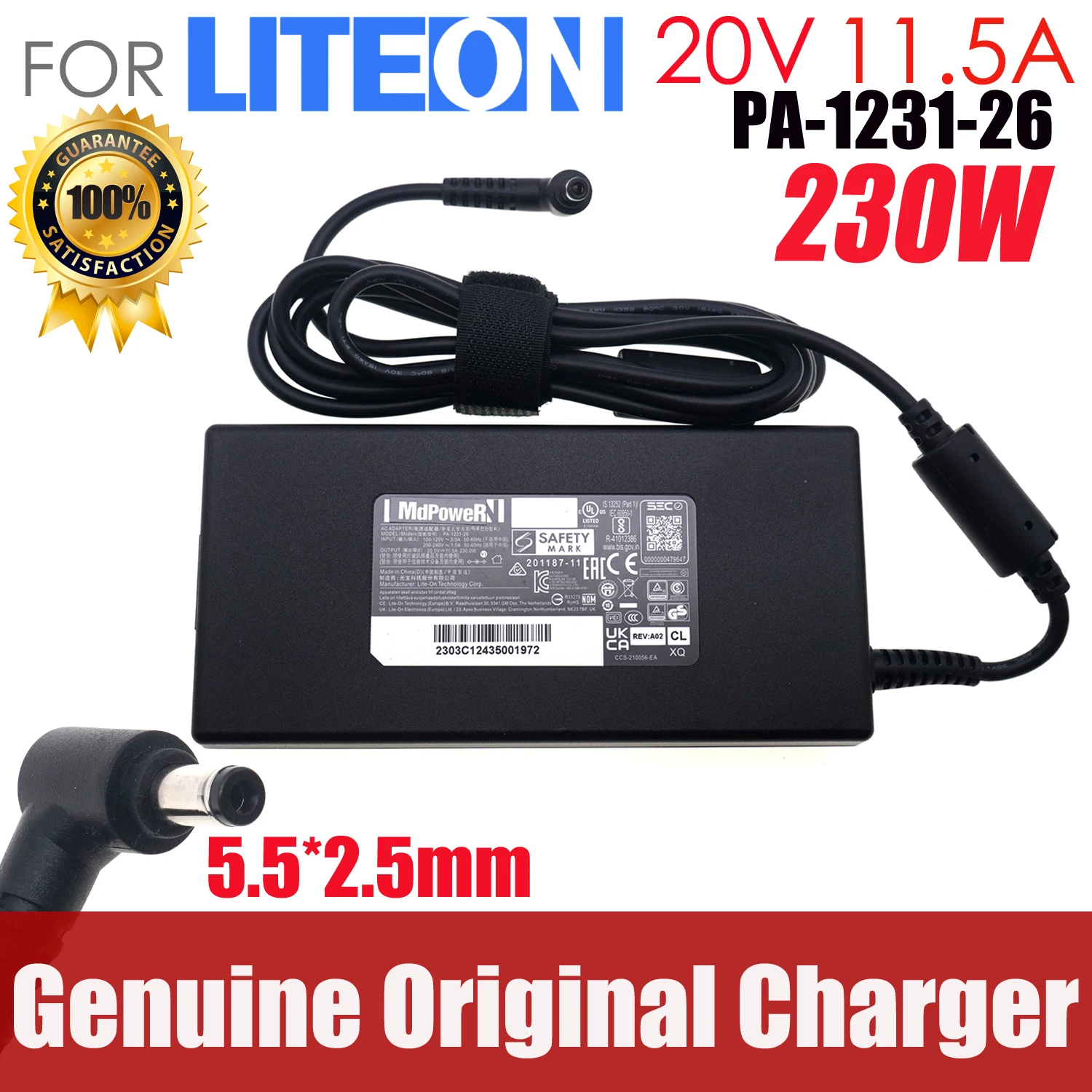 

Genuine LITEON PA-1231-26 20V 11.5A 230W 5.5x2.5mm Laptop AC Adapter For HASEE MSI Laptop Power Supply Charger