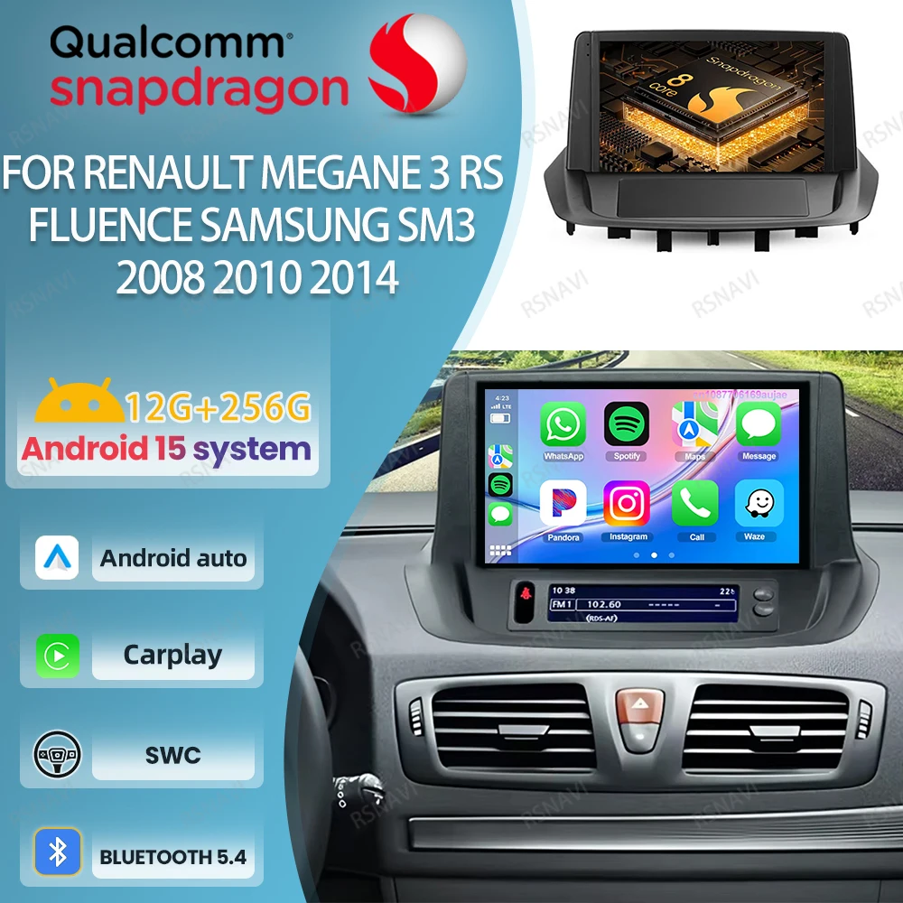 Radio de coche Android 15 para Renault Megane 3 RS Fluence Samsung SM3 2008 2010 2014 GPS estéreo Viedo reproductor inalámbrico Carplay Auto BT