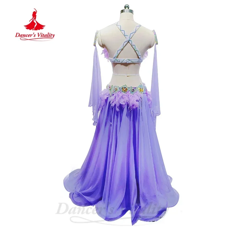 BellyDance Performance Wear Customized Luxury Diamond Bra+Premium Feather Long Skirt 2pcs Oriental Dance Competition Costume