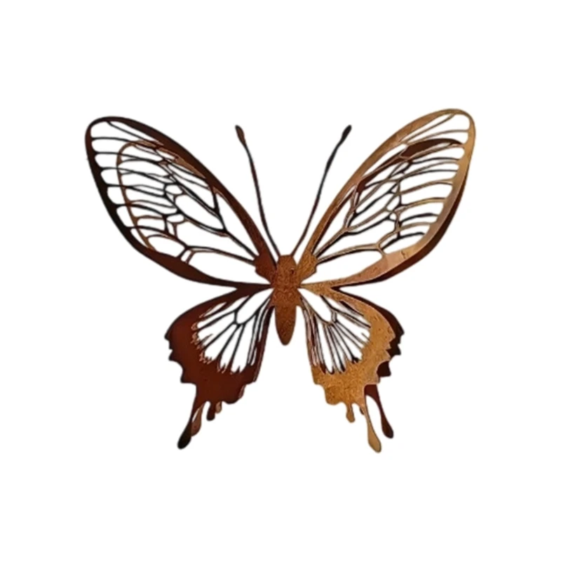 J0MC Butterfly Form Metal Piece with Shared Iron Build, Aged Finish, and Wing Line Detail for Garden Display Shared Use
