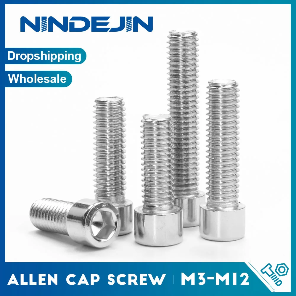 NINDEJIN 1-10pcs Hexagon Socket Head Cap Screw 201 Stainless Steel M3 M4 M5 M6 M8 M10 M12 Allen Head Bolt Without Knurled GB70