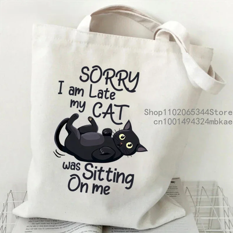 Bolso de mano para mujer, es bien, soy bien, todo, bolso de compras de lona con estampado fino, bolso de viaje femenino con gato Harajuku de dibujos