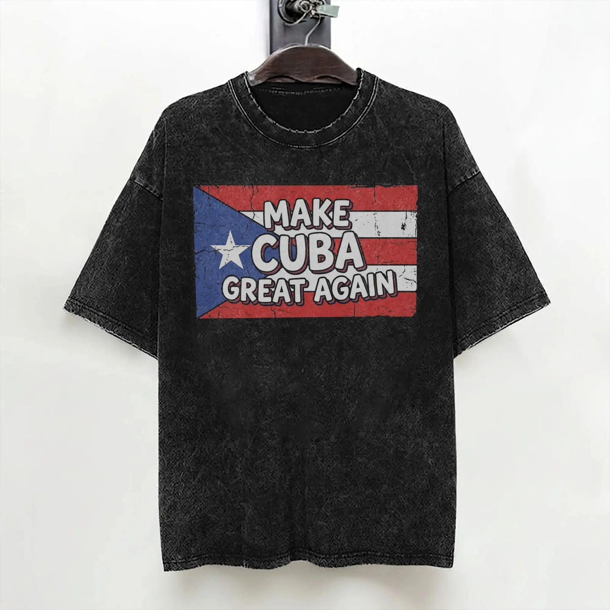 Washed T Shirt Make Cuba Great Again Cuban Flag Vintage Hip Hop T-Shirt Oversize Streetwear 100% Cotton Summer Tops Tees for Men
