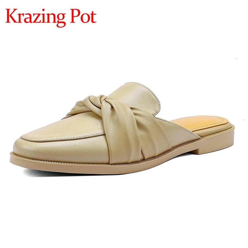 

Krazing Pot Genuine Leather Round Toe Low Heel Slip on Mules Simple Style Solid Young Lady Daily Wear Women Outside Slippers L33