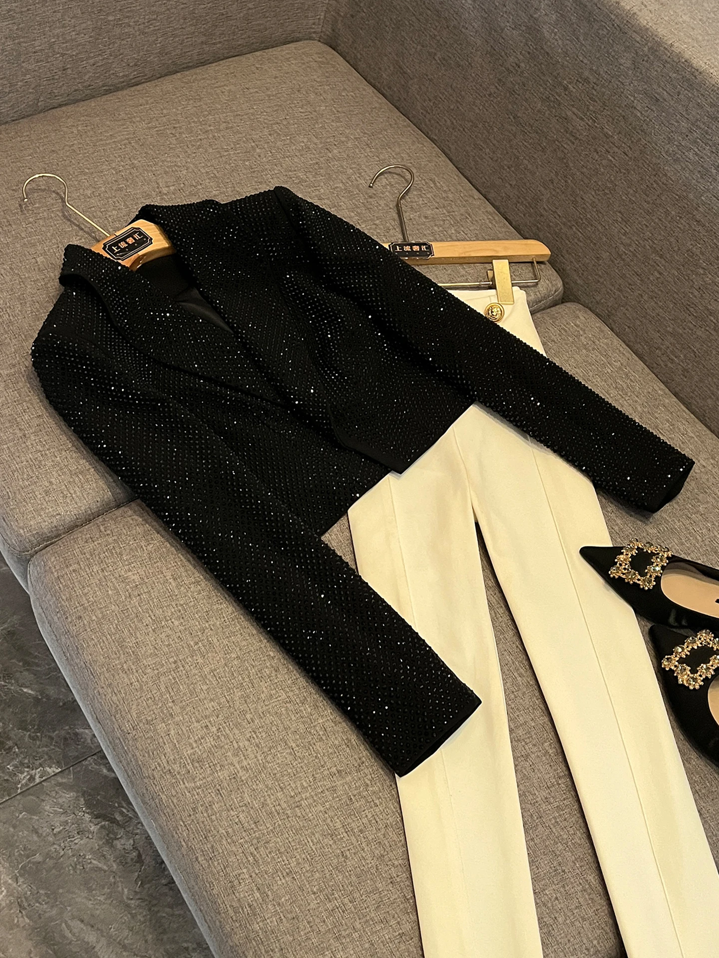 Costume femme haut de gamme Jaet strass lourd minceur polyvalent Faionable automne hiver trajet Sle Long Sve DK