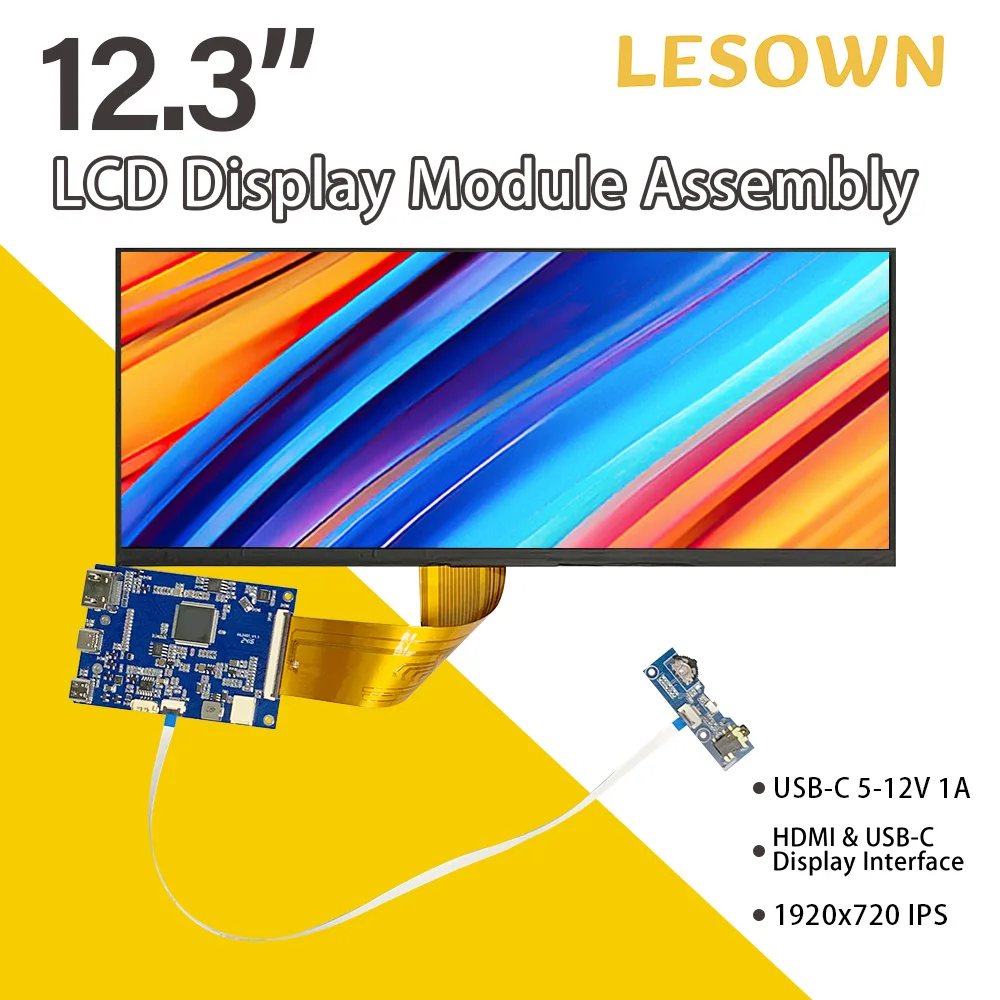 LESOWN 12.3 Inch Stretched LCD Display Touch Screen 1920x720 Ultra Wide Monitor Capacitive Panel DIY Secondary Screen HDTV