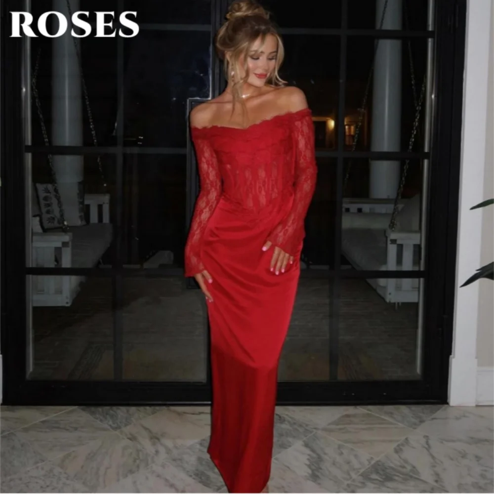 

ROSES Red Sexy Prom Dress Lace Off-Shoulder Evening Dresses for Woman Hollow Long Sleeves Prom Gown robes du soir Customized