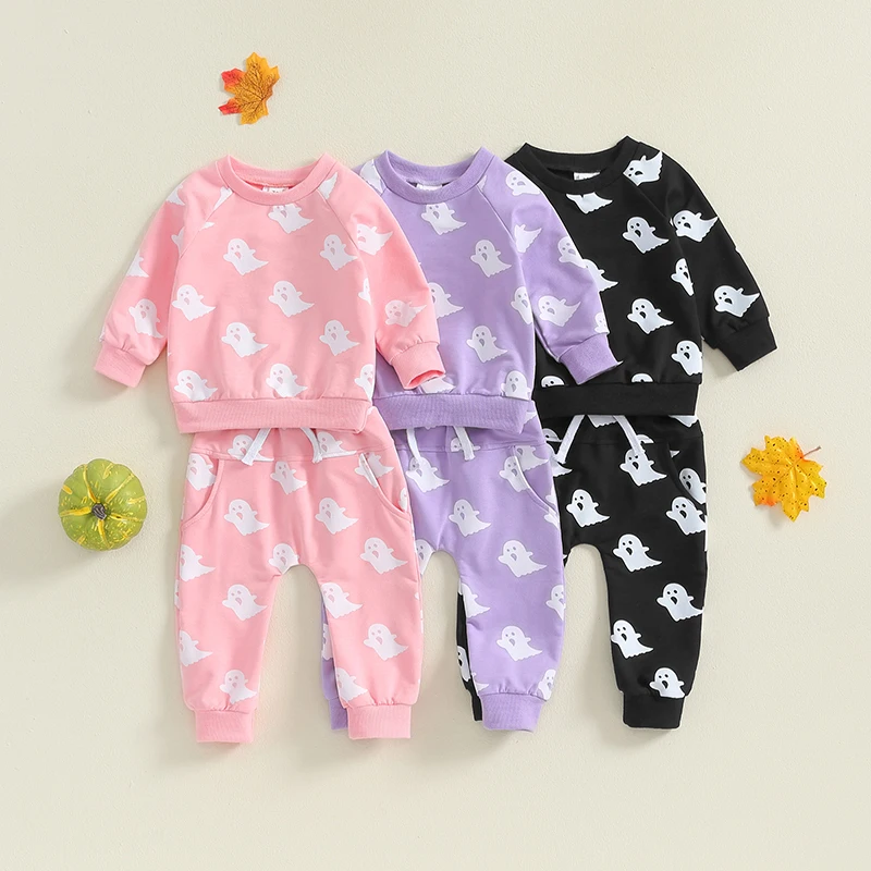 Pudcoco Toddler Baby Boys Girls Halloween Outfits Ghost Print Long Sleeve Sweatshirts and Long Pants 2Pcs Fall Clothes Set 0-3T