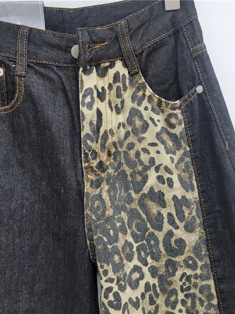 DEAT Women\'s Jeans Patchwork Leopard Pattern Printed High Waist Straight Wide Leg Loose Denim Pants Autumn 2024 New Fashion