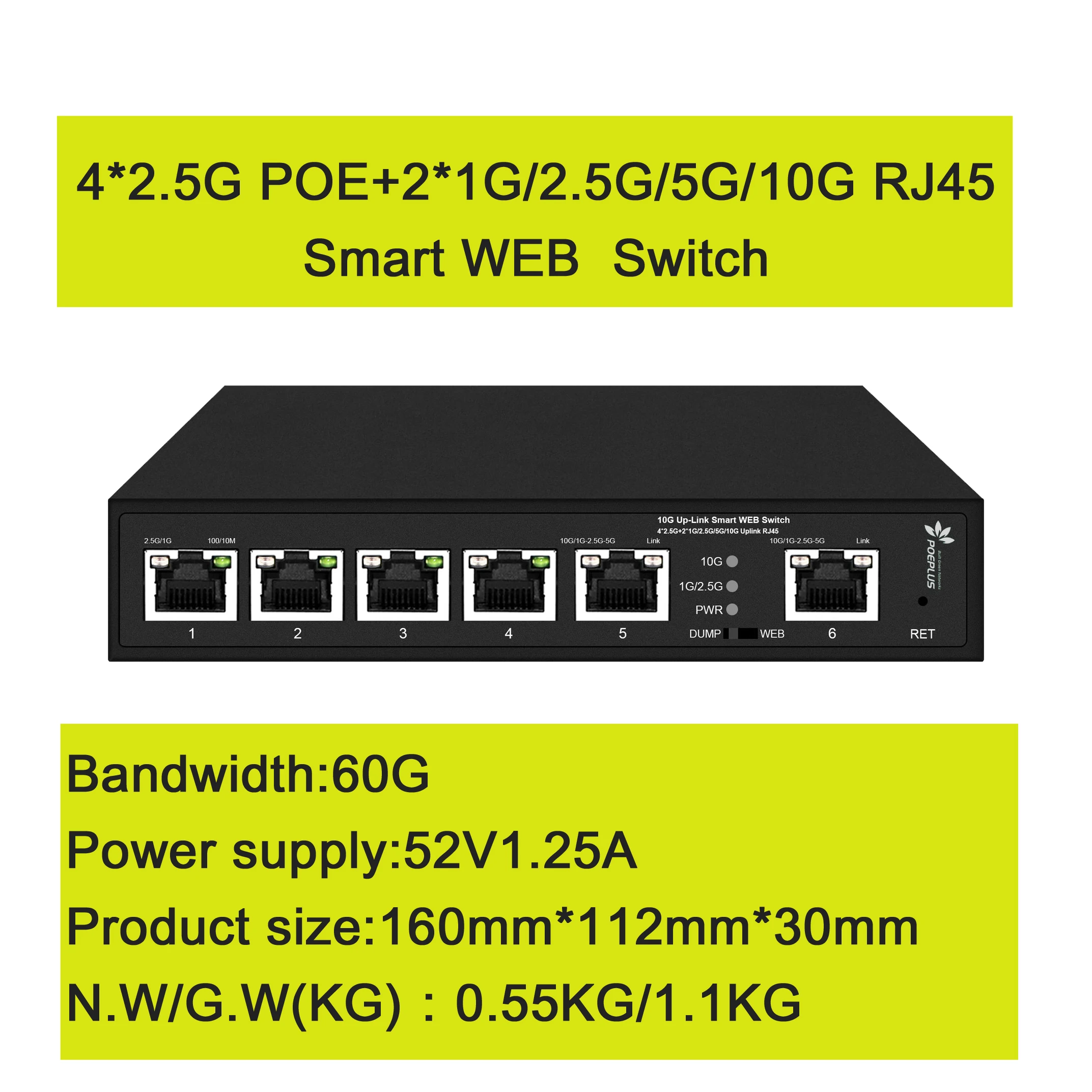 4 Ports 2.5Gbe POE Or Non Web Managed Switch with 2 ports 10Gbe RJ45 Uplink,4+2 ports 2.5G lite smart POE switch