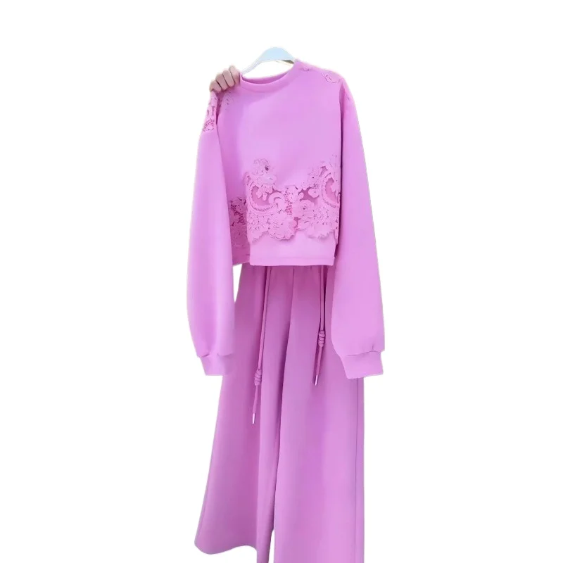 Conjunto de dos piezas de suéter con empalme de encaje, versión coreana, reducción de edad, temperamento Simple, explosión de principios de otoño