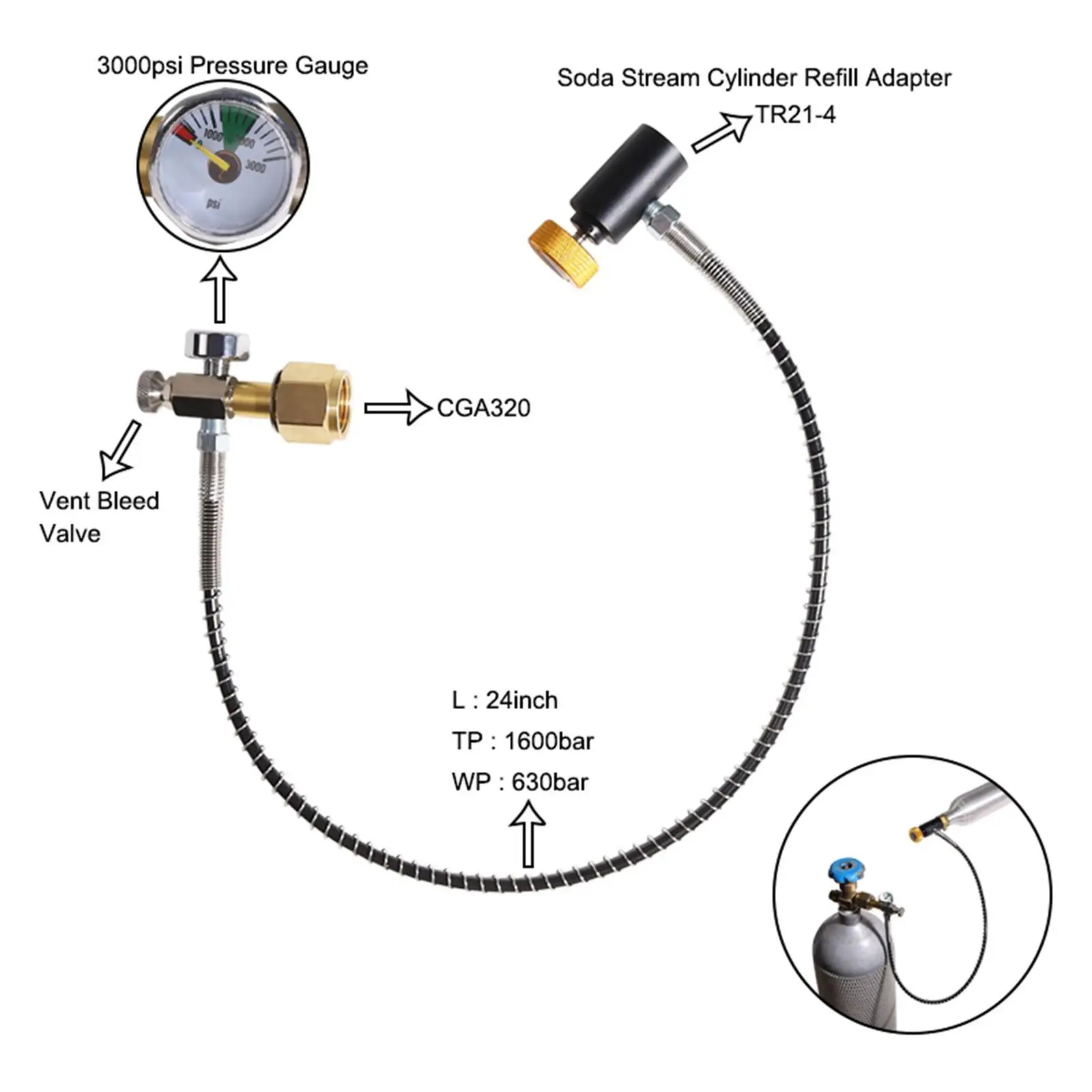 Soda Maker CO2 Cylinder Refill Adapter Hose Kit with CGA320 to TR21-4 Connector for Water Machine