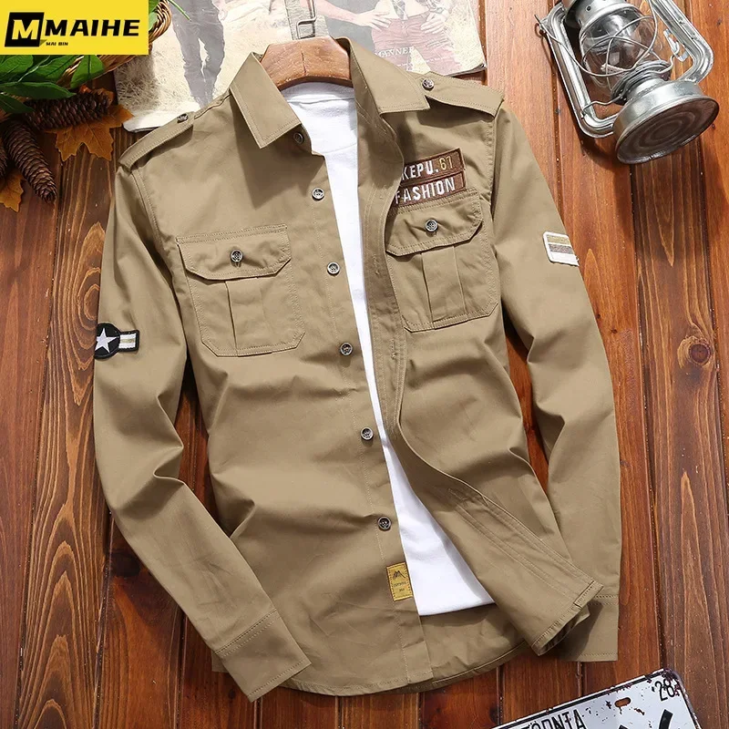 Men\'s Shirts unload Cotton Shirt Khaki Casual Retro Slim Fit with Pocket Long Sleeve Vintage Jacket Streetwear Drop Shipping