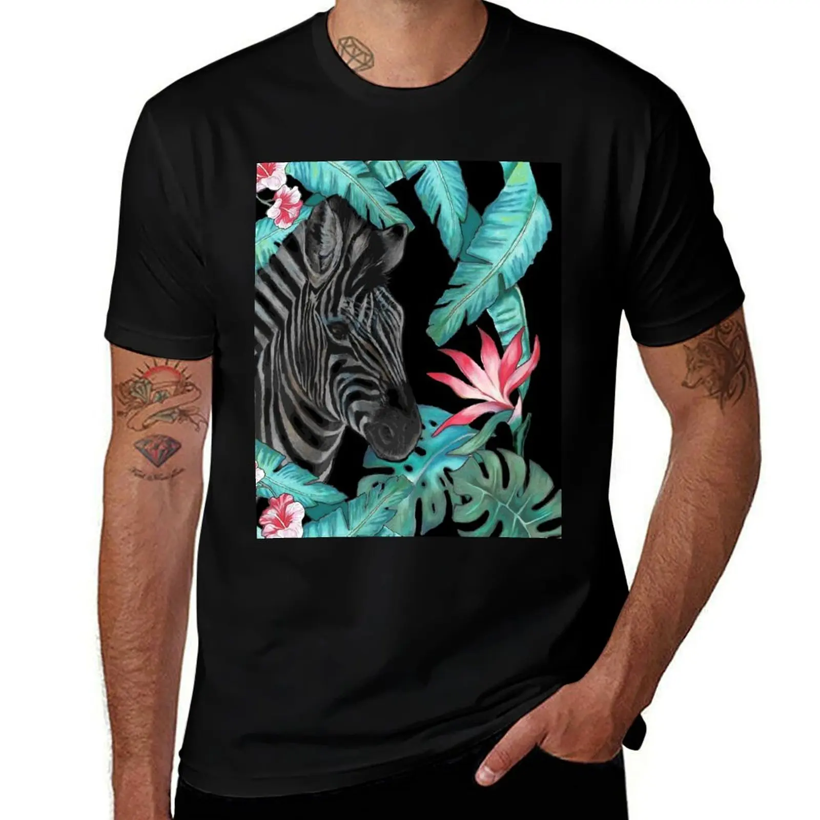 

Zebra with Tropical Plants Hibiscus Jungle Pattern T-Shirt cotton t shirt pack T-Shirt