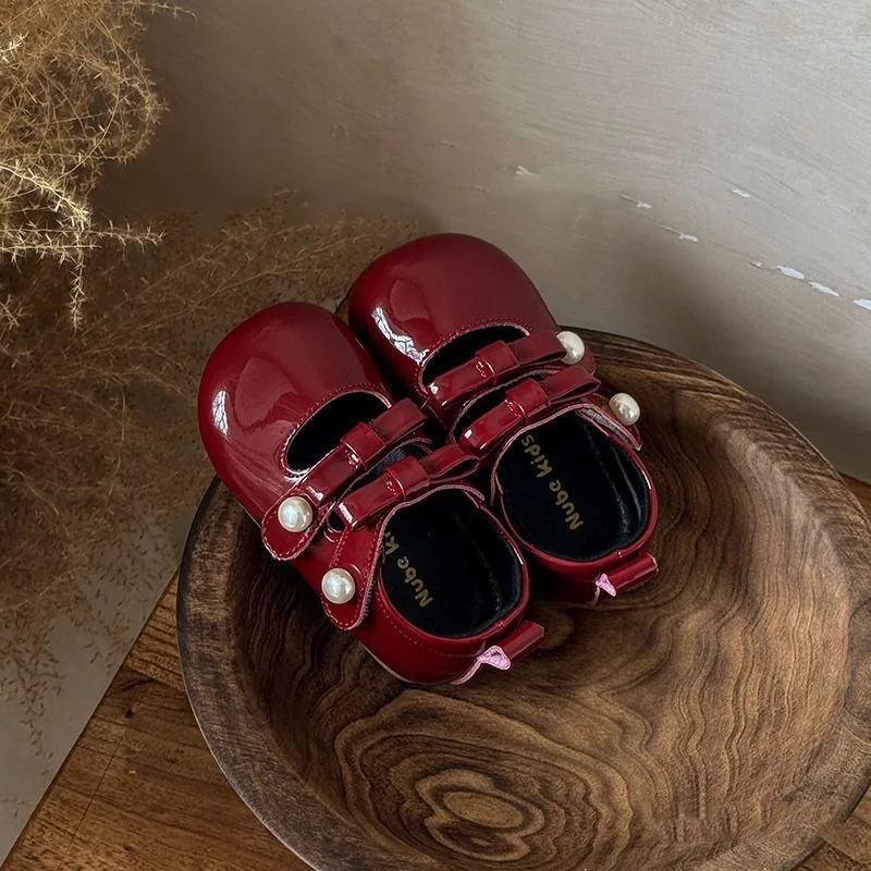 Girls Mary Jane Shoes Sweet Pearl Double Bow Baby Walking Shoes Glossy Soft Sole 2026 Brand New Toddler Princess Dress Shoes