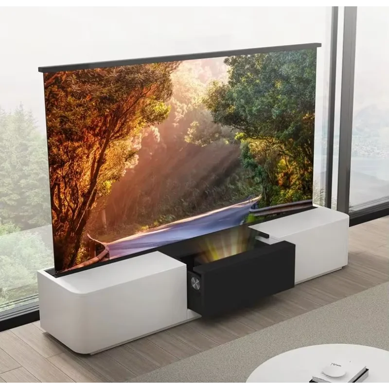 100/120 Inch Intelligent Laser TV Projector Screen 16:9 Format Motorized Floor Rising UST Electric Cabinet Screen TV Cabinet