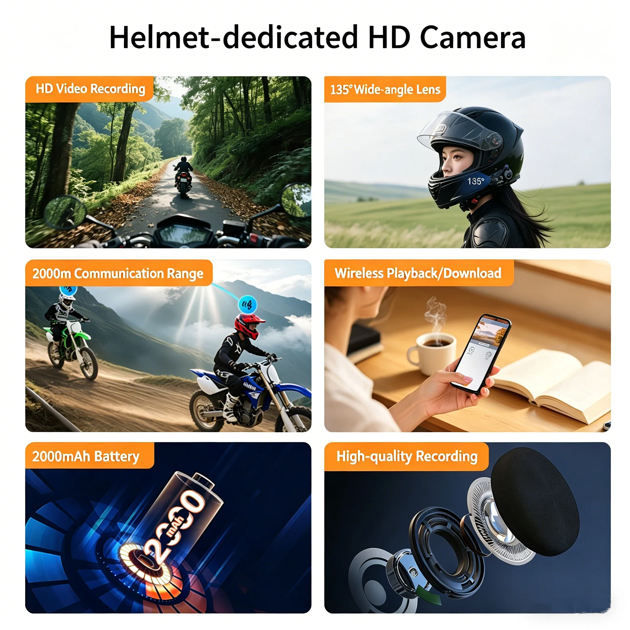 Motorcycle Bluetooth Helmet Headset with Camera 6-Person Intercom,Music,GPS,Voice Control,Noise Reduce,Waterproof Riding Headset