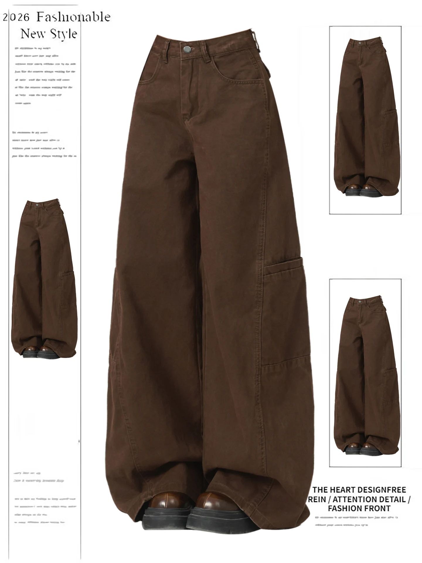 

American Retro Wide Leg Denim Jeans Women's Spring Design Loose Multi Pocket Workwear Pants Floor-Length Casual Trousers