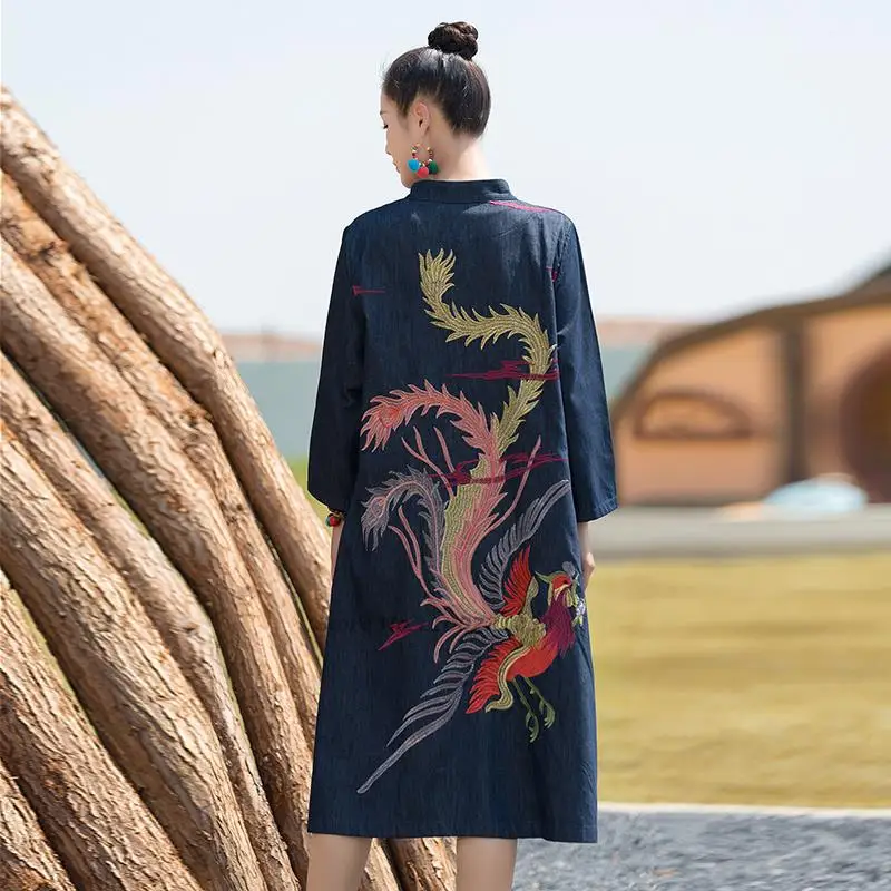 2024 Cina gaya mantel panjang wanita nasional phoenix jaket bordir vintage Cina tang suit longgar Tradisional jaket denim