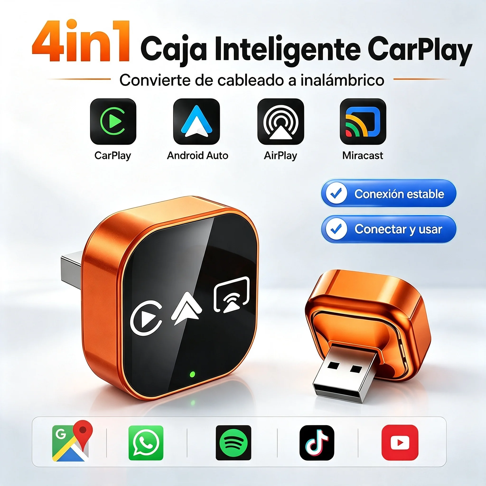 4 in 1 Wireless Carplay Adapter, Multifunction Dongle for Carplay/Android Auto/Airplay/Mirror Link, Plug and Play Wifi 5Ghz Compatible with 98% of Cars with Original Carplay ﻿