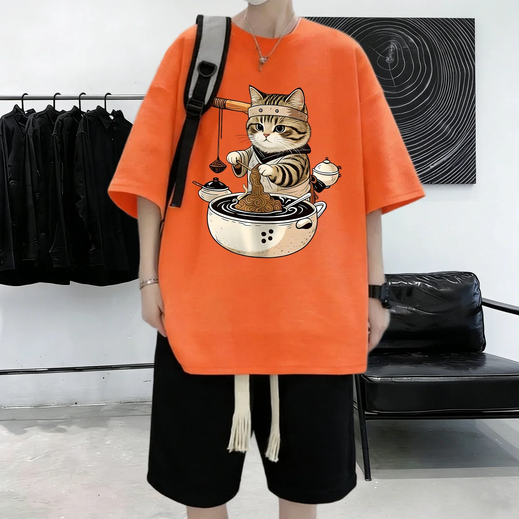 Master Cat Is Making Lamian Noodles Prints Men'S Cotton Summer T-Shirts Breathable Casual Short Sleeve Sport Fashion Clothes