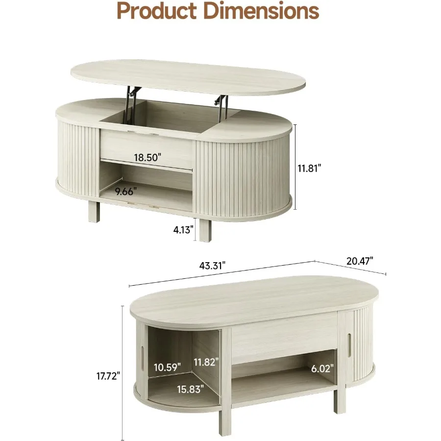 43.3 Oval Lift Top Fluted Coffee Table with Sliding Door for living room, wood veneer, walnut brown, hidden storage and smooth