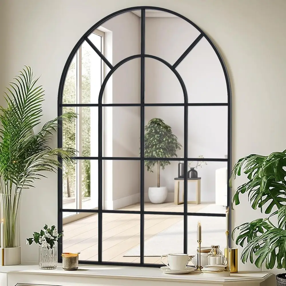 

Arched Windowpane Wall Mirror 24"x36" Black Wall Mounted Art Pane Mirror armhouse Decorative Mirror Leaning Hanging Wall Mirror