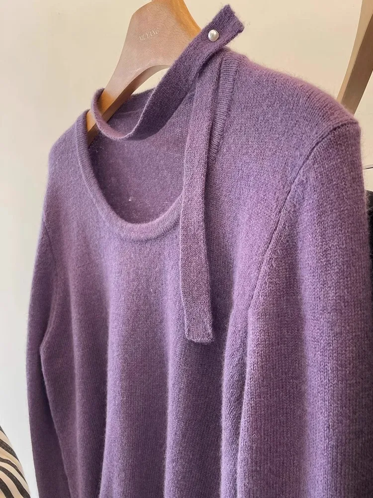 سترة محبوكة بأكمام طويلة وشريط معلق برقبة أرجوانية للنساء في الخريف والشتاء، سترة قصيرة راقية وفضفاضة