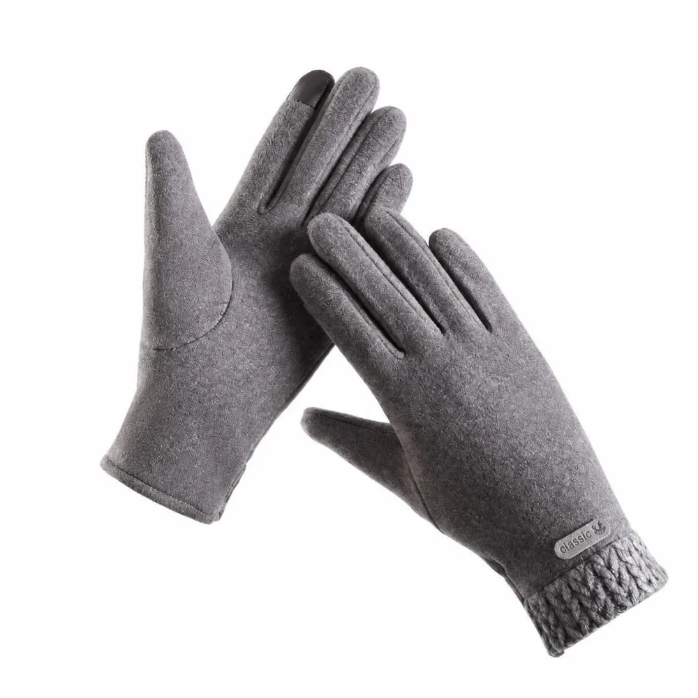 1pair Vintage Full Finger Touch Screen Gloves Warm Lining Suede Leather Winter Gloves Windproof Solid Color Driving Gloves Women