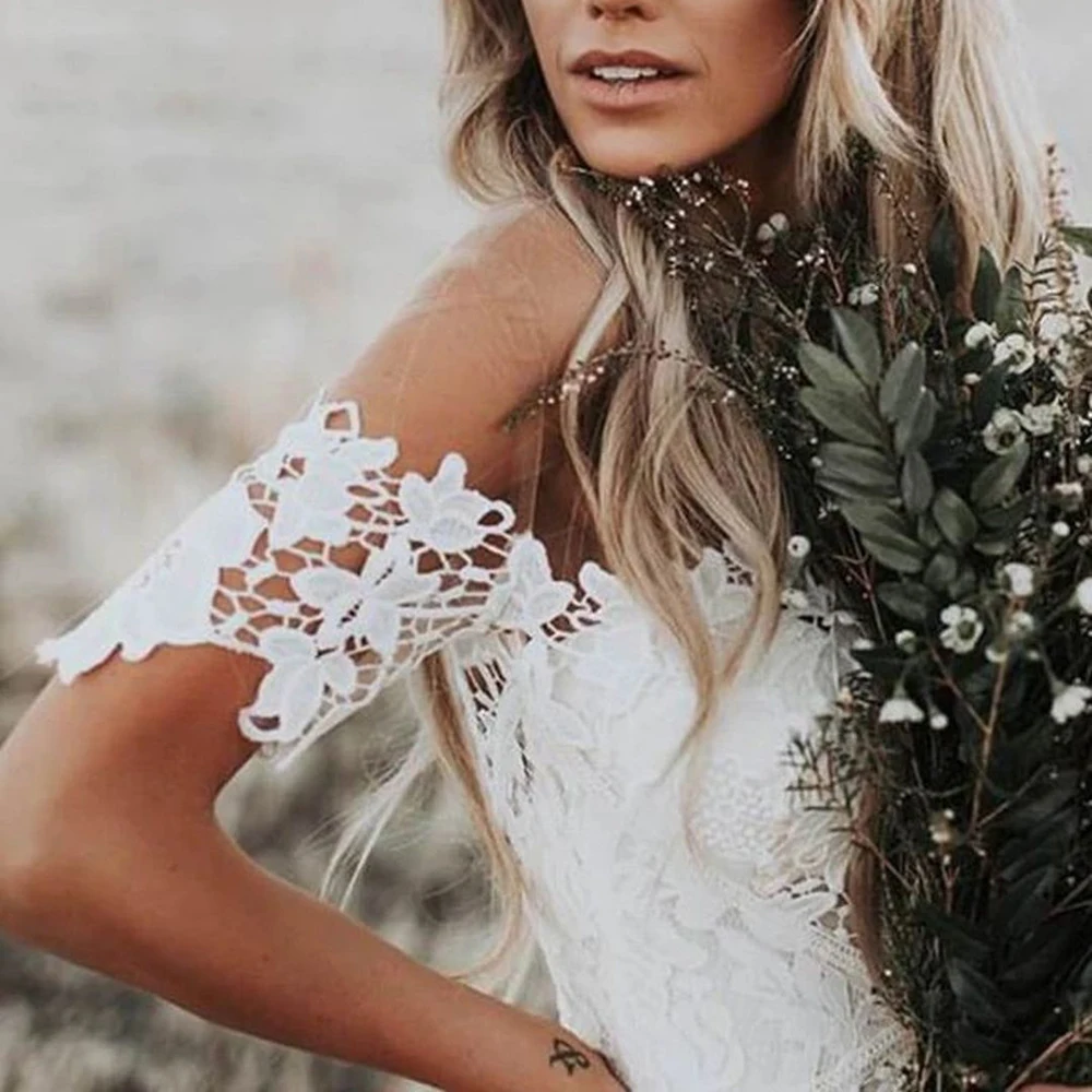 حورية البحر قصيرة الأكمام انقطاع الدانتيل فستان الزفاف صور حقيقية الوهم قبالة الكتف عارية الذراعين بوهو حديقة أثواب الزفاف ريفي