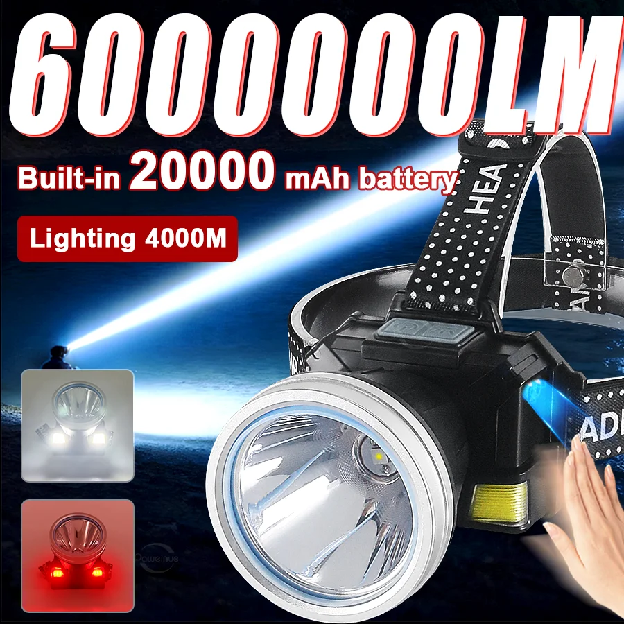 6000000LM New Ultra Powerful Head LED Light Super Bright 4000M Headlamp USB Rechargeable Headlight Fishing Camping Head Lantern