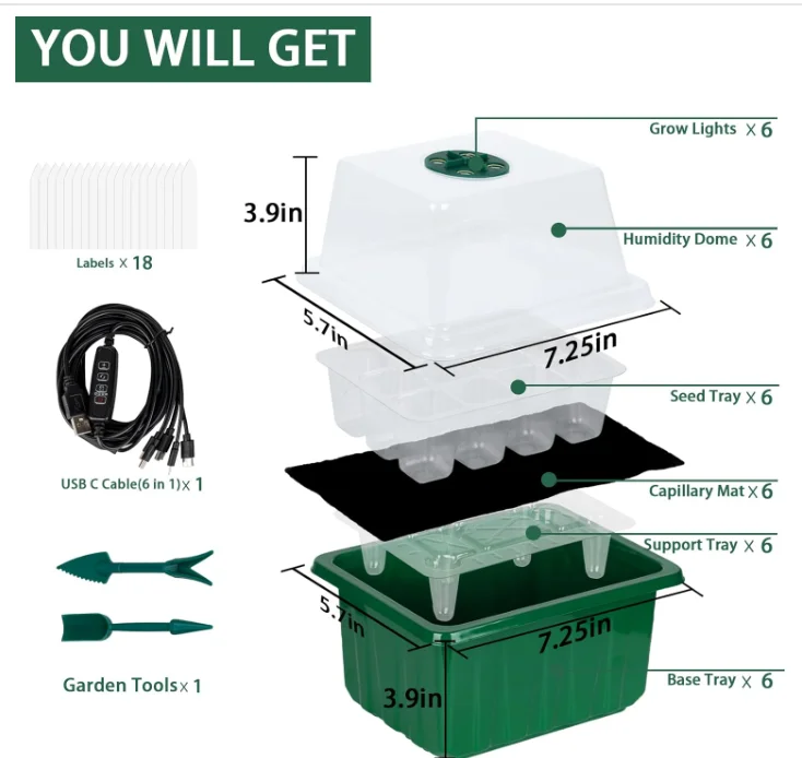 Reusable Plastic 6 Pack 72 Cell Seed Starter Tray Kit with Grow Light Humidity Dome Seedling Tray Plant Grow Tray
